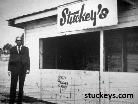 Williamson Stuckey in front of his original pecan shed, black and white picture