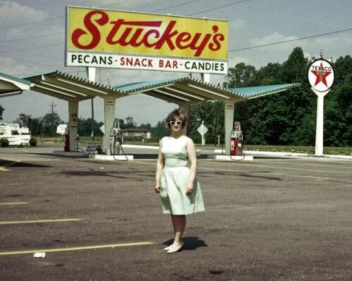 Lady in front of Stuckey's in Yeehaw Junction, FL in 1960's promotional advertising picture