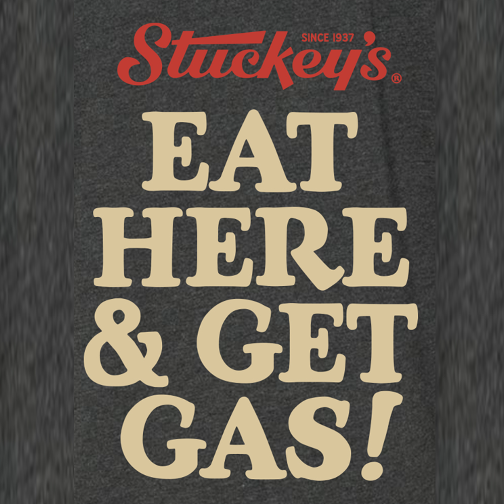 Close up Image of Stuckey's "Eat Here & Get Gas" T-Shirt in Charcoal Gray