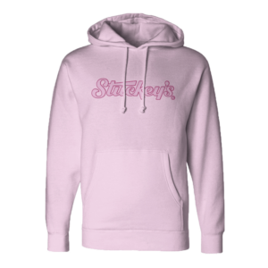 Picture of a pink hoodie with Stuckey's logo on front in darker pink.