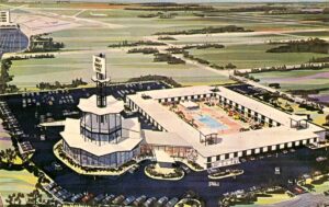 Postcard of an artist's rendering of an aerial view of the Air Host Inn in the 1960s.