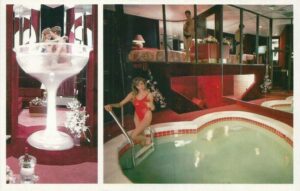 Picture postcard featuring picture of champagne class hot tub and guests enjoying heart-shaped in room swimming pool.
