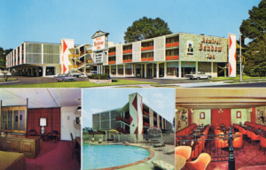 Picture postcard of Knoxville's Admiral Benbow Inn featuring the outsdie of the motel along iwth interior shots of the rooms and restaurant and an exterior shot of the pool.