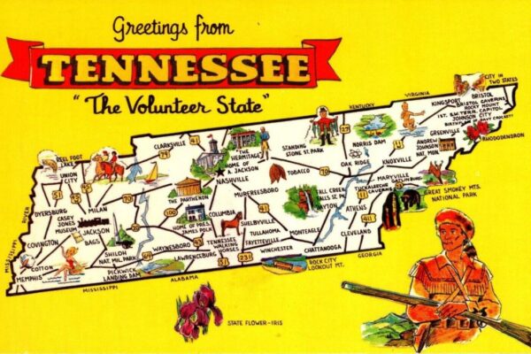 Postcard of a map of Tennessee with graphics highlighting places to visit.