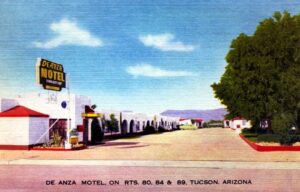 Handpainted postcard of the De Anza Motel in Tucson, Arizona.