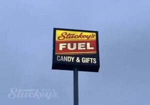 Photo of Stuckey's Sign outside of the Vienna Illinois Location that reads Stuckey's, Fuel, Candies and Gifts.