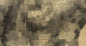 Photo of map of southern U.S. showing Black Belt region according to an 1850s census. 