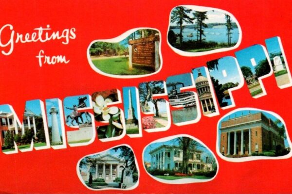 Postcard of Mississippi with state attractions featured in the letters MISSISSIPPI and shapes surrounding it.shapes