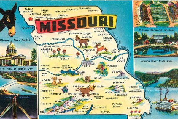 Postcard with illustrated map of Missouri and six scenes of attractions.