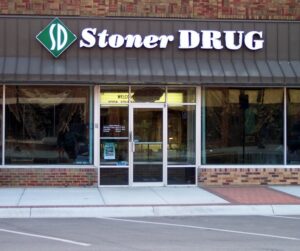 Photograph of the exterior of Stoner Drug in Hamburg, Iowa.