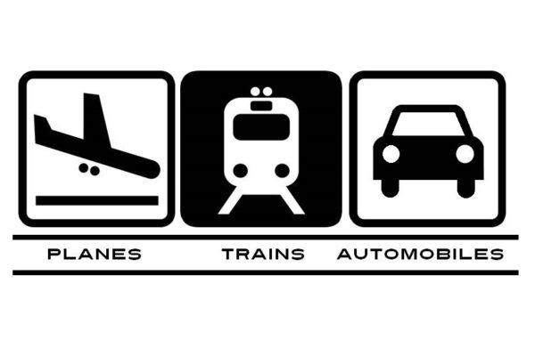 Illustration of a plane, a train, and an automobile that reads "Planes,Trains and Automobiles"