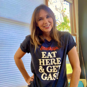 Stephanie Stuckey wearing the "Eat Here and Get Gas" T-shirt.