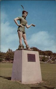 Postcard photo of Peter Pan Peanut Butter Statue