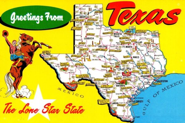 Postcard of a cartoonish map of Texas.