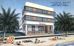 Postcard with artist’s rendering of the Pelican Motel sometime after it first opened in 1948.
