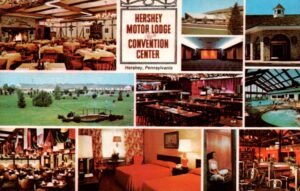 Postcard feauturing several of the amenities available at the Hershey Lodge and Convention Center.