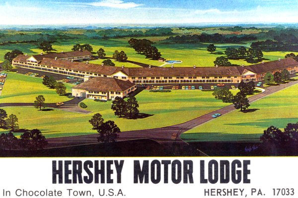 Postcard of an artist's rendering of the Hershey Motor Lodge around 1967.