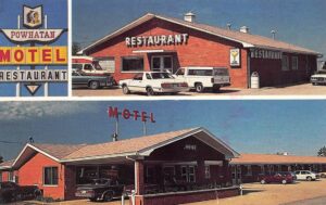 Postcard with multiple views showing Powhatan Motel and Restaurant sign along with the motel and restaurant themselves.