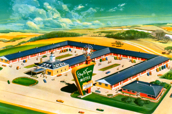 Artist rendering of the Edge-O'-Town Motel from a postcard circa 1950s