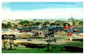 Postcard of an artist's rendering of the Albert Pick Motel in Rockford, IL circa 1960s.