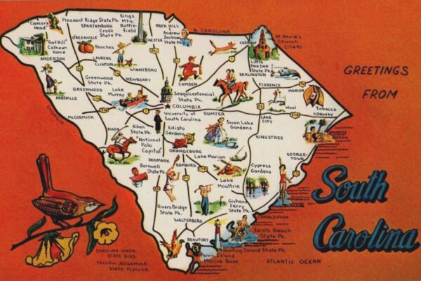 Postcard illustration of a map of South Carolina.