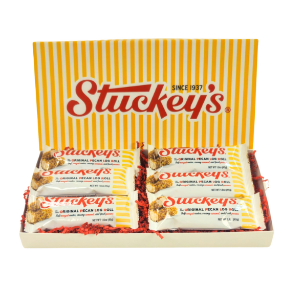 6 vanilla pecan log rolls in a yellow and white striped gift box