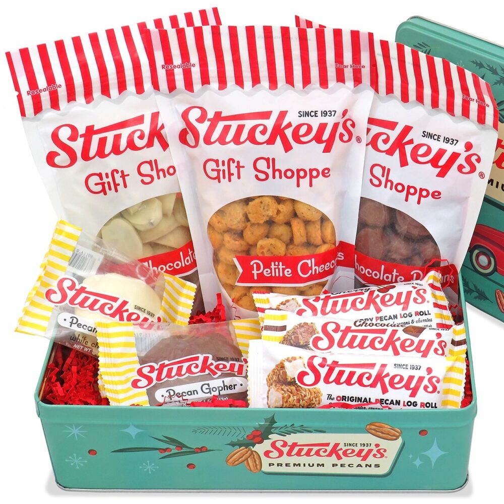 Large Stuckey’s gift tin filled with chocolate-covered pecans, pecan log rolls, Cheecans, and candy treats