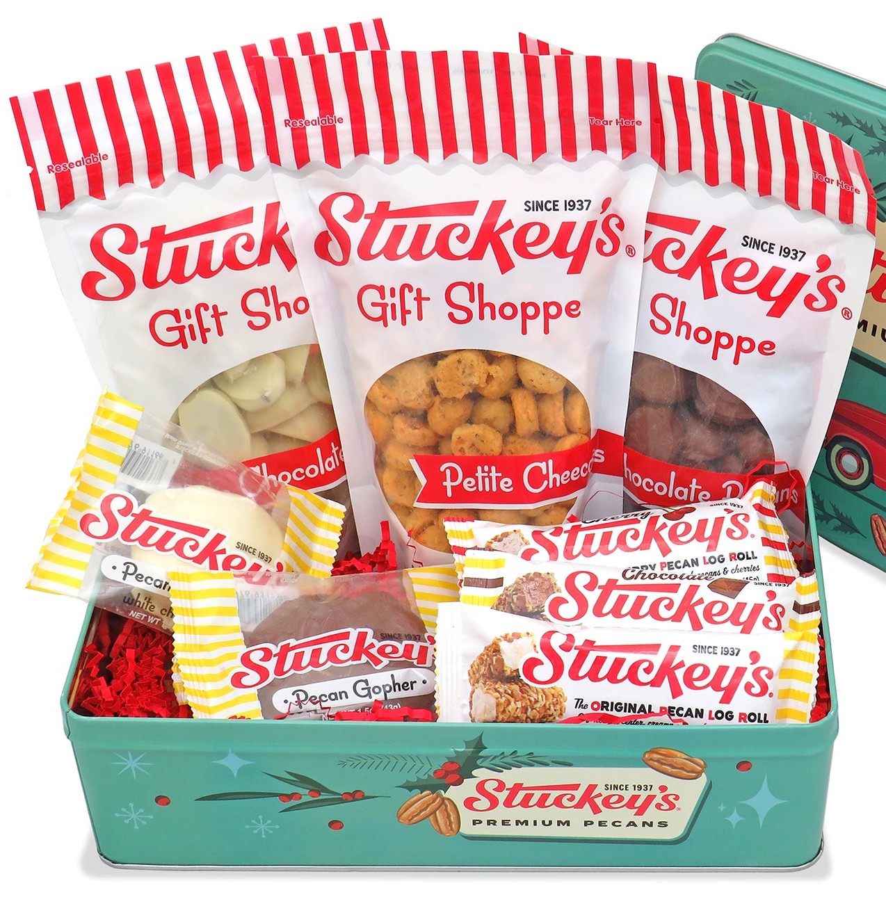Large Stuckey’s gift tin filled with chocolate-covered pecans, pecan log rolls, Cheecans, and candy treats